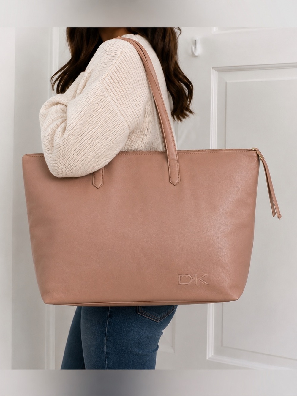Donna Karan DK Large Faux Leather Laptop Work Tote Travel Shoulder Bag Blush Tan